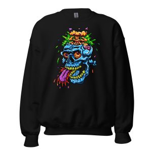 Zombie Skull With Head Exploding Sweatshirt with a vibrant explosive zombie skull and colorful splashes.