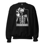 Instant Human Just Add Coffee Skeleton Sweatshirt featuring a whimsical skeleton and coffee cup design.