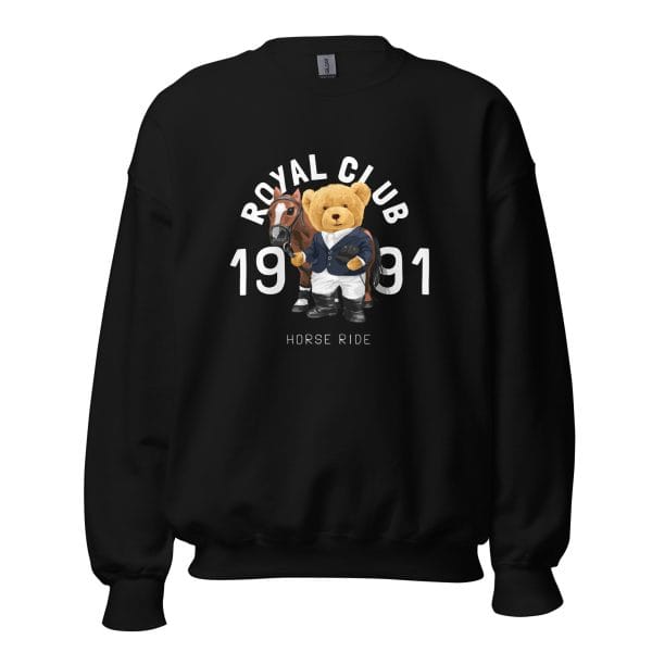 Royal Club Horse Ride Sweatshirt featuring a whimsical teddy bear and horse illustration.