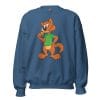 Wolf With Burger Sweatshirt with a playful orange wolf eating a burger in a green shirt.