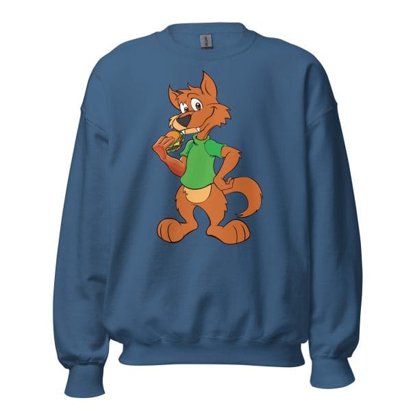Wolf With Burger Sweatshirt with a playful orange wolf eating a burger in a green shirt.
