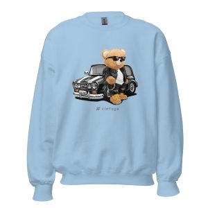 Secret Agent Bear Sweatshirt with a retro teddy bear, vintage car, and "#Vintage" text.