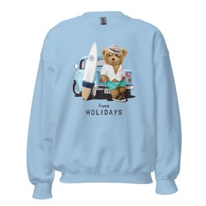 Teddy Happy Holidays Sweatshirt with a playful teddy bear, surfboard, and retro truck design.