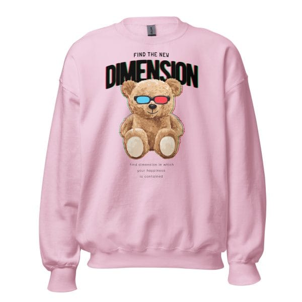 Find The New Dimension Sweatshirt with a futuristic teddy bear in 3D glasses and bold text design.