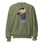 Say Cheese Sweatshirt featuring a whimsical teddy bear holding a camera and a playful slogan.