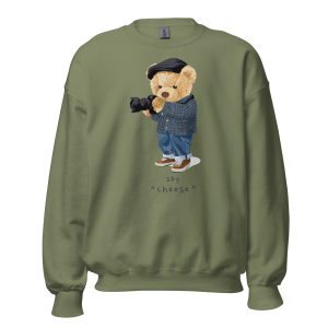 Say Cheese Sweatshirt featuring a whimsical teddy bear holding a camera and a playful slogan.