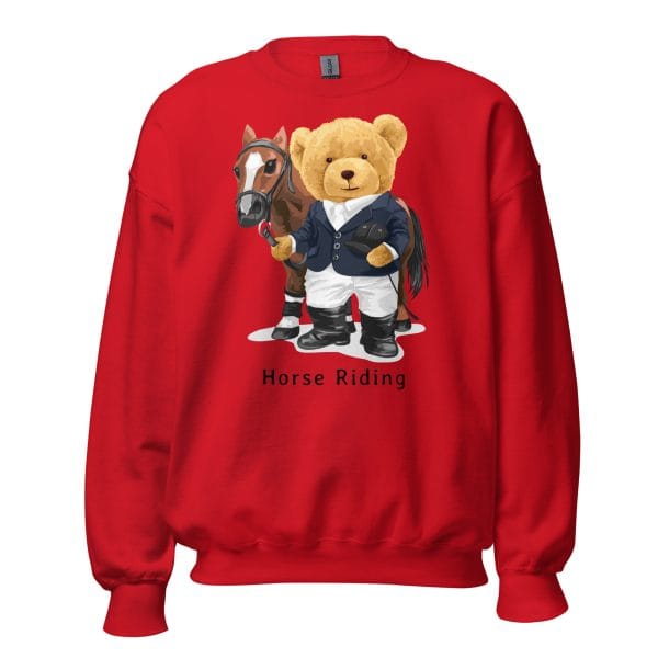Teddy Bear Horse Riding Sweatshirt with an elegant teddy bear, horse, and "Horse Riding" text.