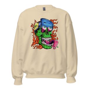 Zombie With A Hat Sweatshirt with a vibrant explosive zombie skull and colorful splashes.