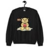 A cute unisex sweatshirt featuring a happy cartoon cat holding a red heart, sitting on a soft surface with a speech bubble saying "HELLO."