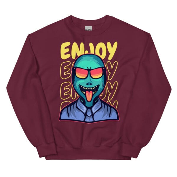 A colorful unisex sweatshirt featuring a vibrant alien wearing sunglasses with a playful expression, set against a bold yellow "ENJOY" text design