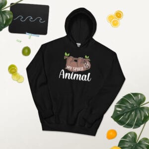 A cute sloth hanging from a branch, with the text "My Spirit Animal".