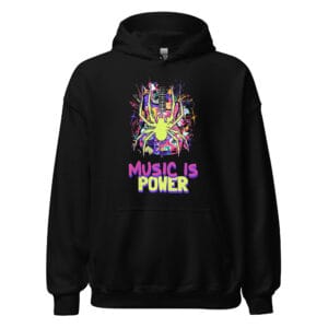 Guitar Spider Hoodie featuring a bold and edgy spider playing a guitar.