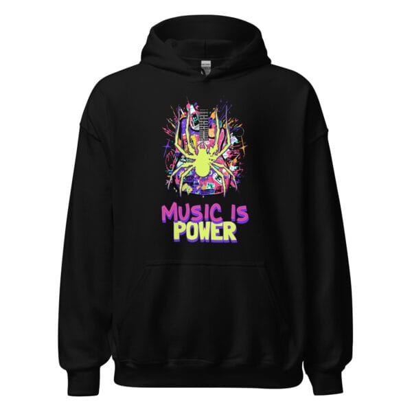 Guitar Spider Hoodie featuring a bold and edgy spider playing a guitar.