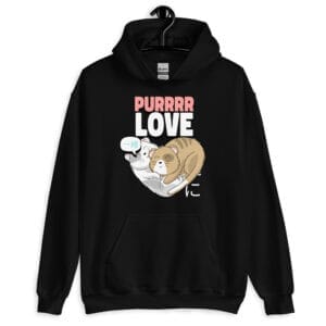 Purrr Love Hoodie featuring a heartwarming illustration of two cats hugging.