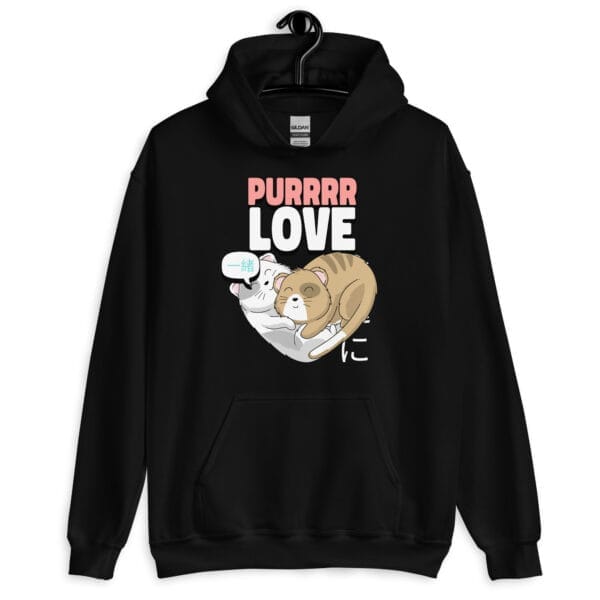 Purrr Love Hoodie featuring a heartwarming illustration of two cats hugging.