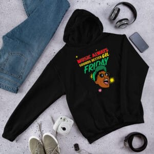 Friday Feels Hoodie featuring a bold and vibrant design.