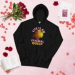 Life is an Eternal Quest Hoodie featuring a bold RPG-style cat design.