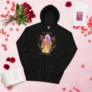 Spread the Joy Hoodie featuring an elegant Art Nouveau-style woman with floral accents.