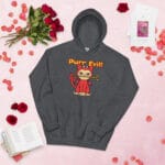 Purr-Evil Hoodie featuring a bold and playful cat dressed as a devil illustration.
