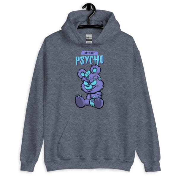 Cute but Psycho Hoodie featuring a bold horror teddy bear illustration.