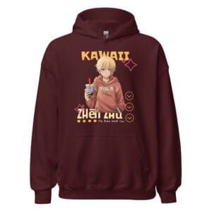 Kawaii Zen Hoodie featuring an adorable anime character holding a bubble tea cup.