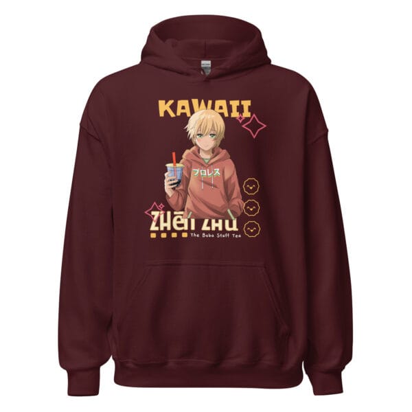 Kawaii Zen Hoodie featuring an adorable anime character holding a bubble tea cup.