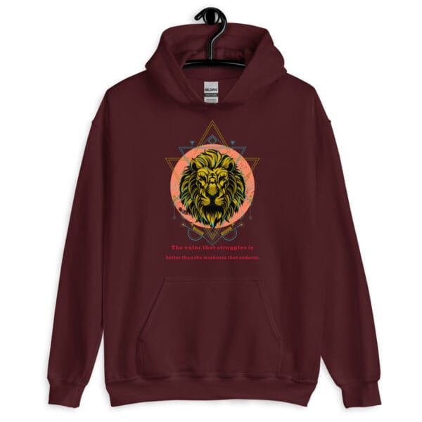 Lionheart Hoodie featuring a fierce golden lion with geometric symbols and an inspiring quote.