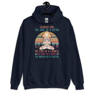 Scorpio Queen Hoodie featuring a meditative woman in a retro sunset backdrop with zodiac-inspired typography.