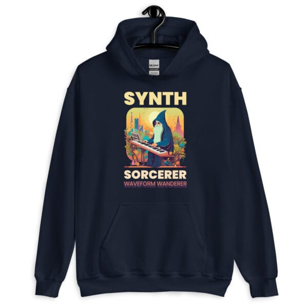 Synth Wizard Hoodie featuring a bold and whimsical wizard playing a synthesizer.