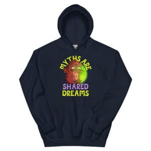 Myths Are Shared Dreams Hoodie featuring a cute cat dressed as a dragon with glowing green magic.