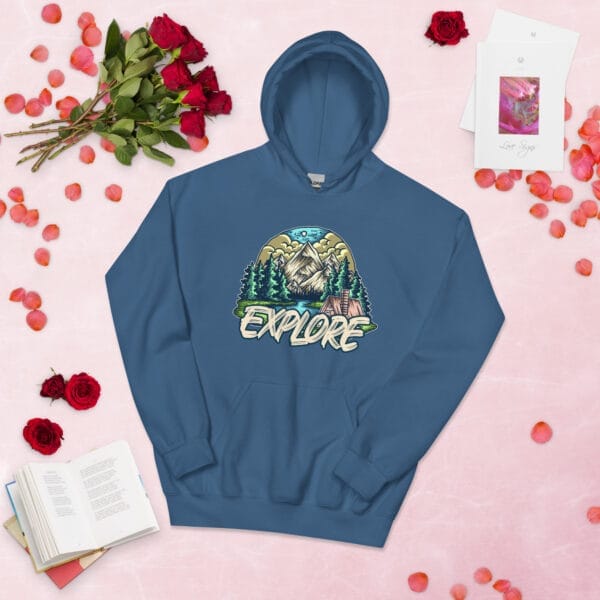 Mountain Magic Hoodie featuring a serene mountain and forest print.