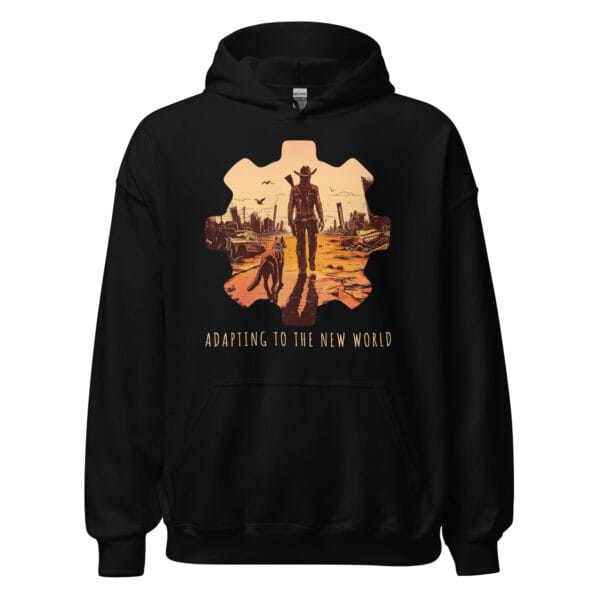 Adapting to the New World Unisex Hoodie with a striking design symbolizing transformation and resilience.