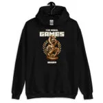 The Rebel Games Began Unisex Hoodie with a golden snake trophy and rose design.