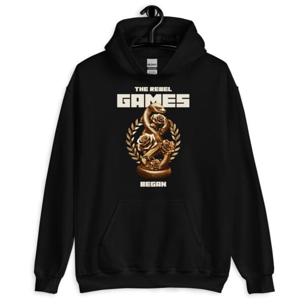 The Rebel Games Began Unisex Hoodie with a golden snake trophy and rose design.