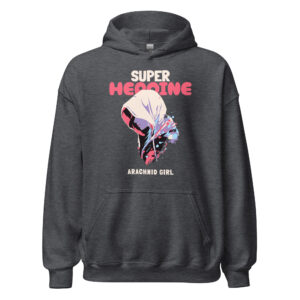 Super Heroine Unisex Hoodie with a bold design of a hooded girl.