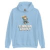 Climbing Addict Unisex Hoodie with a playful cat scaling an alpine rope design.
