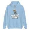 Climbing Addict Unisex Hoodie with a playful cat scaling an alpine rope design.