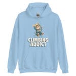 Climbing Addict Unisex Hoodie with a playful cat scaling an alpine rope design.