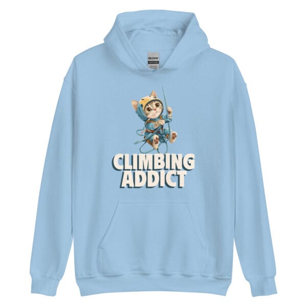 Climbing Addict Unisex Hoodie with a playful cat scaling an alpine rope design.