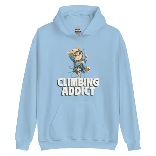 Climbing Addict Unisex Hoodie with a playful cat scaling an alpine rope design.