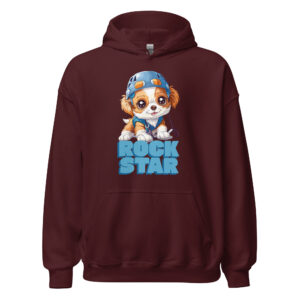 Rock Star Unisex Hoodie featuring a sweet dog wearing a helmet.