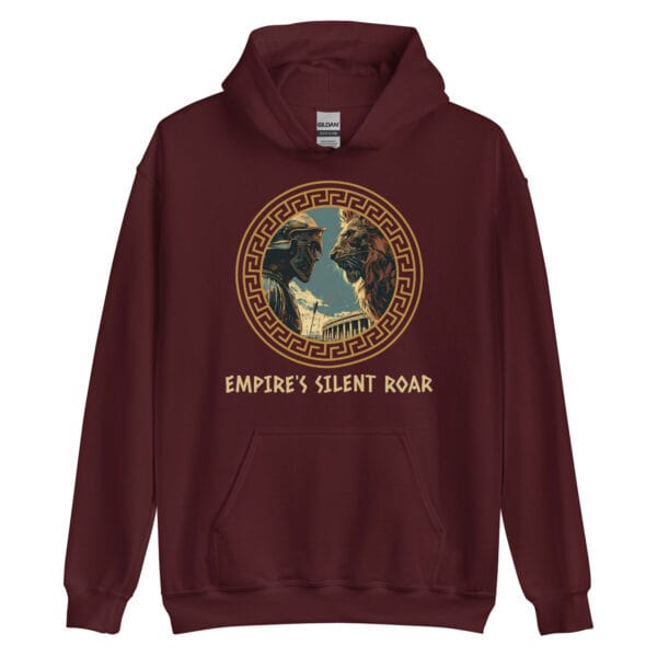 Empires' Silent Roar Unisex Hoodie with a bold design of a gladiator and lion locked in an intense gaze.