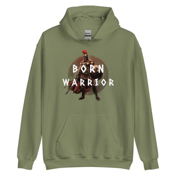 Born Warrior Unisex Hoodie with a Spartan warrior graphic holding a sword.
