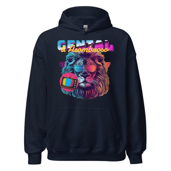 Future Lion Unisex Hoodie with a lion wearing sunglasses graphic.