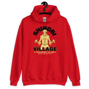 Shinobi Village Training Club Unisex Hoodie featuring a bold anime-inspired weightlifting design.