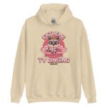 Extreme TV Binging Squad Unisex Hoodie with a playful raccoon lounging in an armchair graphic.