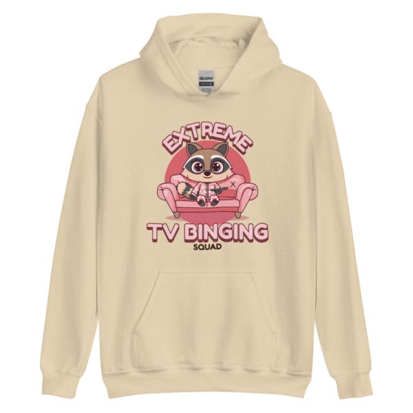 Extreme TV Binging Squad Unisex Hoodie with a playful raccoon lounging in an armchair graphic.
