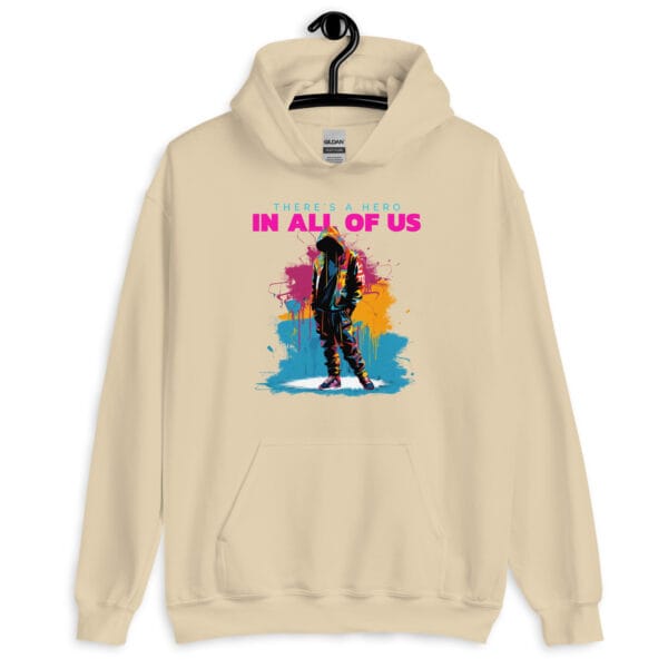 There’s a Hero in All of Us Unisex Hoodie with a bold, empowering design on the front.