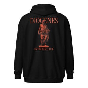 Diogenes Antisocial Club Unisex Heavy Blend Zip Hoodie with a red Diogenes statue and "ANTISOCIAL CLUB." text.