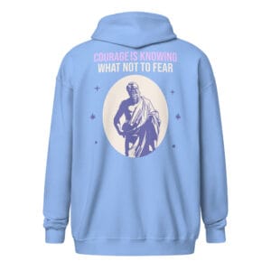 Quote By Plato Courage Is Knowing What Not To Fear Unisex Heavy Blend Zip Hoodie with a Plato silhouette and motivational quote.